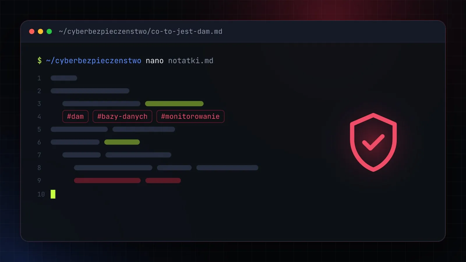 Ilustracja do artykułu „Co to jest DAM? Database Activity Monitoring, czyli monitorowanie baz danych” — okno edytora z ikoną działu Cyberbezpieczeństwo